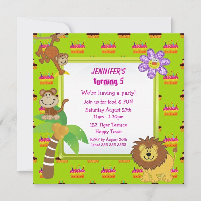 Invitation Animaux mignons de jungle et fête d'anniversaire (Devant)