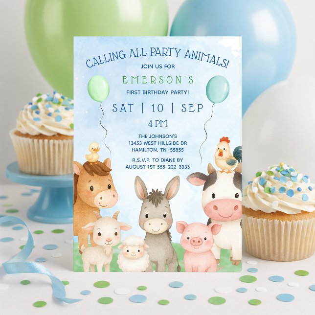 Invitation Animaux mignons de la ferme pour une fête de premi (Cute Barnyard Party Animals First Birthday Party Invitation)