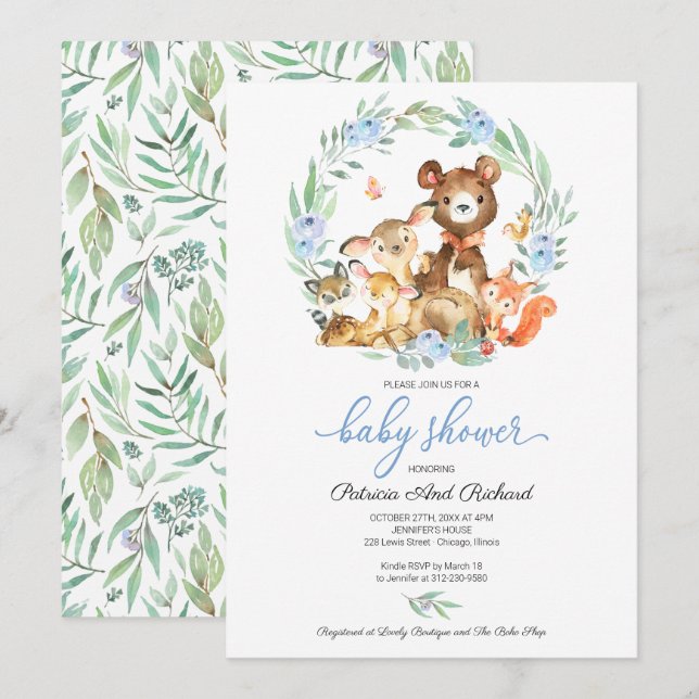 Invitation Animaux Mignons de la Forêt Baby Shower (Devant / Derrière)