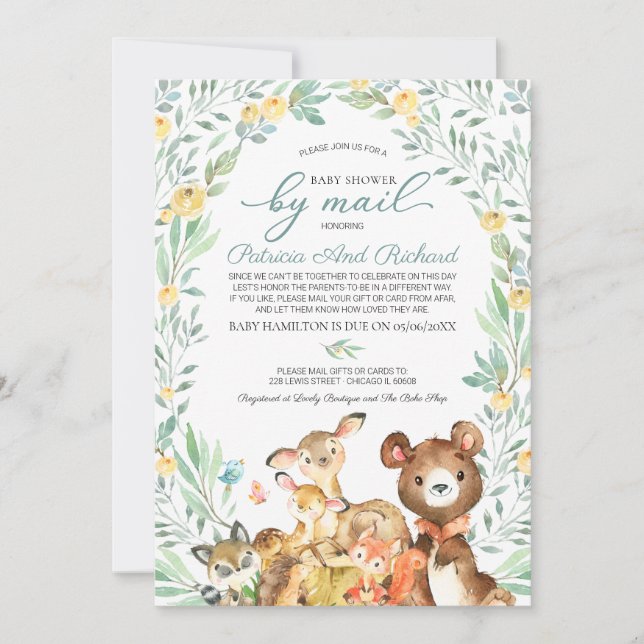 Invitation Animaux Mignons de la Forêt Baby Shower par Courri (Devant)