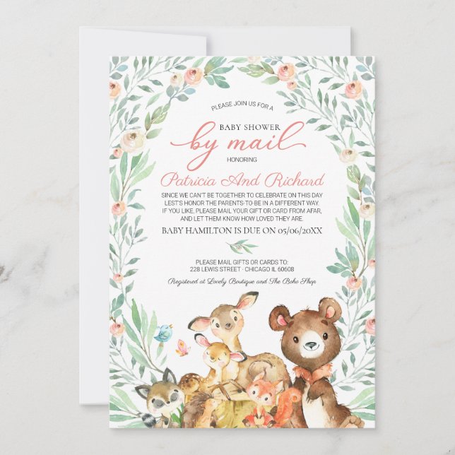 Invitation Animaux Mignons de la Forêt et Verdure Baby Shower (Devant)