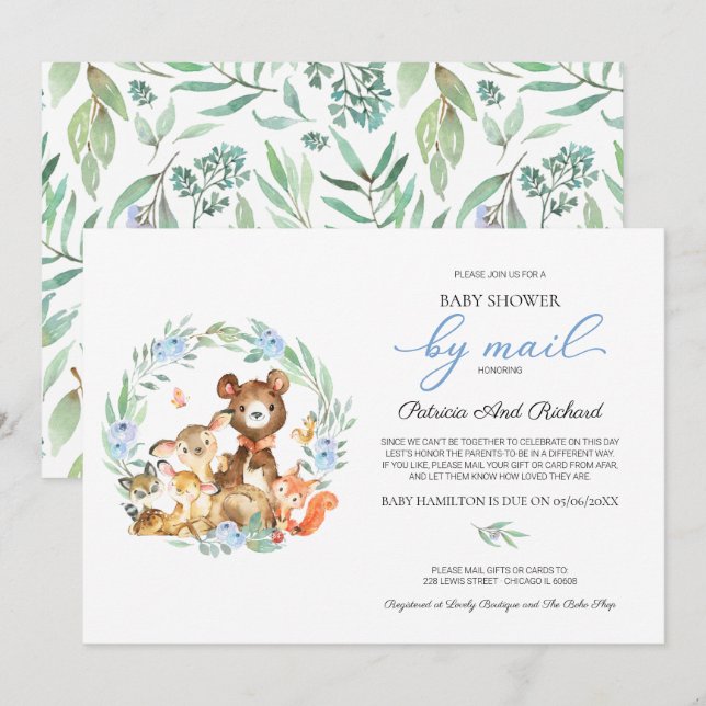 Invitation Animaux Mignons de la Forêt et Verdure Baby Shower (Devant / Derrière)