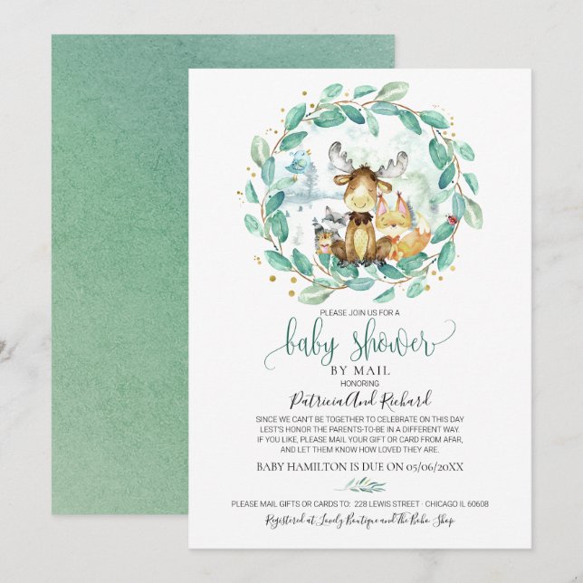 Invitation Animaux Mignons de la Forêt et Verdure Baby Shower (Devant / Derrière)