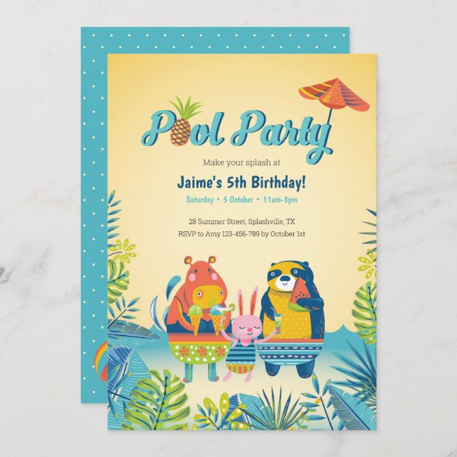 Invitation Animaux mignons Piscine Fête Anniversaire Invitati (Devant / Derrière)