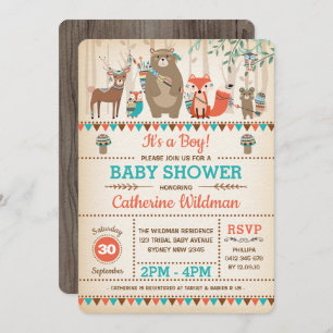 Invitation Animaux rustiques de forêt de baby shower tribal