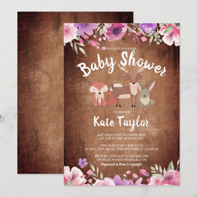 Invitation Animaux Rustiques de la Forêt Fleur Rose Baby Show (Devant / Derrière)