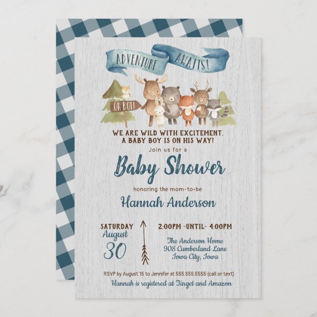 Invitation Animaux rustiques en bois Baby shower garçon (Devant / Derrière)