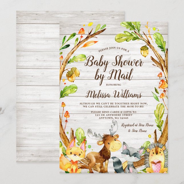 Invitation Animaux rustiques en bois Baby shower par courrier (Devant / Derrière)