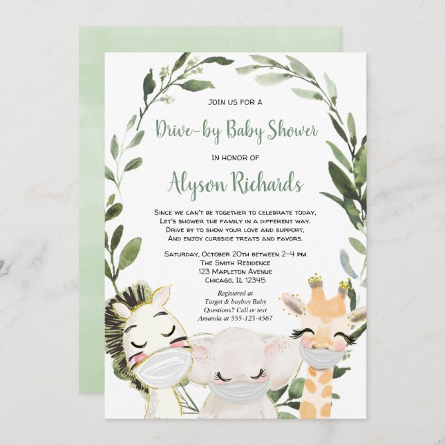 Invitation Animaux safari au baby shower avec masque (Devant / Derrière)
