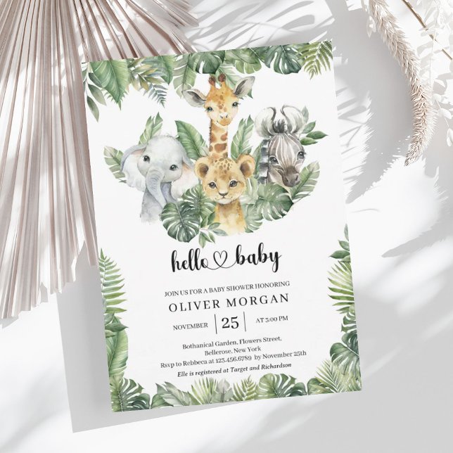 Invitation Animaux Safari Végétation tropicale Baby shower Ga (Safari animals Tropical greenery Boy Baby Shower Invitation)