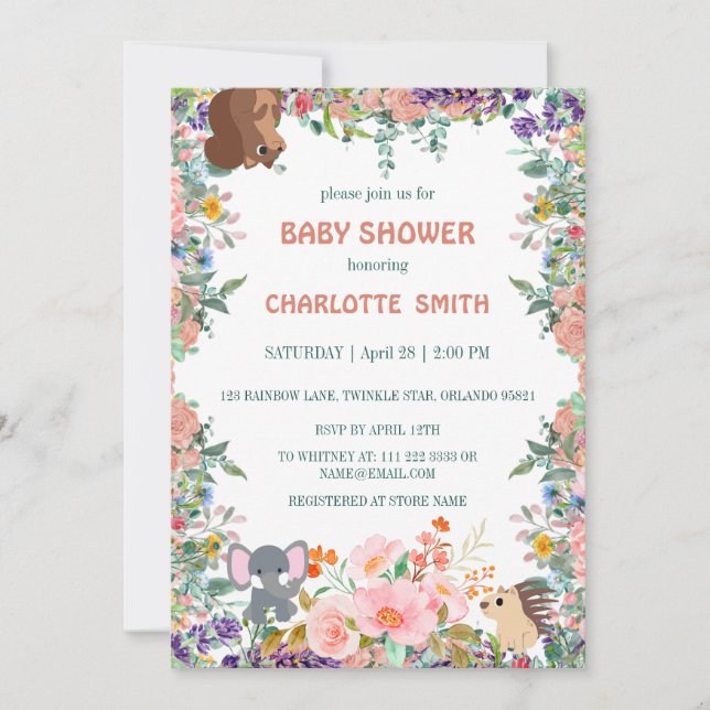 Invitation animaux safari zoo jungle baby shower floral (Devant)