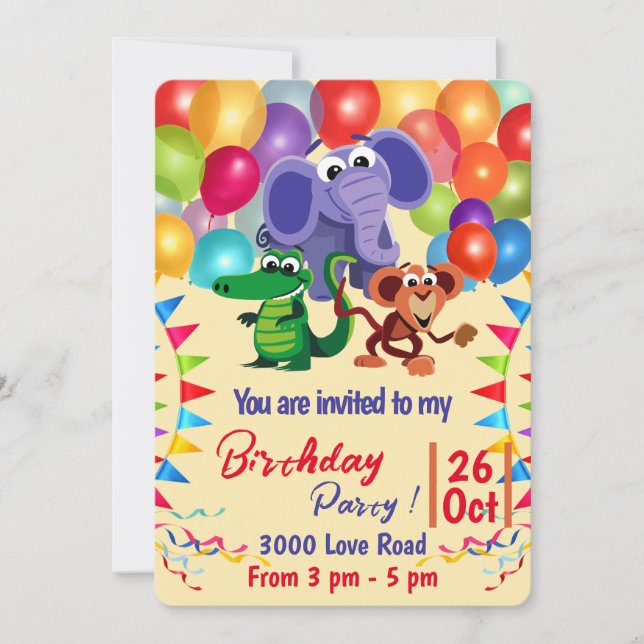 Invitation Animaux sauvages avec ballons et rubans (Devant)