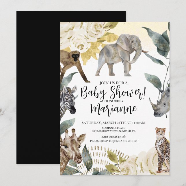 Invitation Animaux sauvages Baby shower Faux Parties scintill (Devant / Derrière)