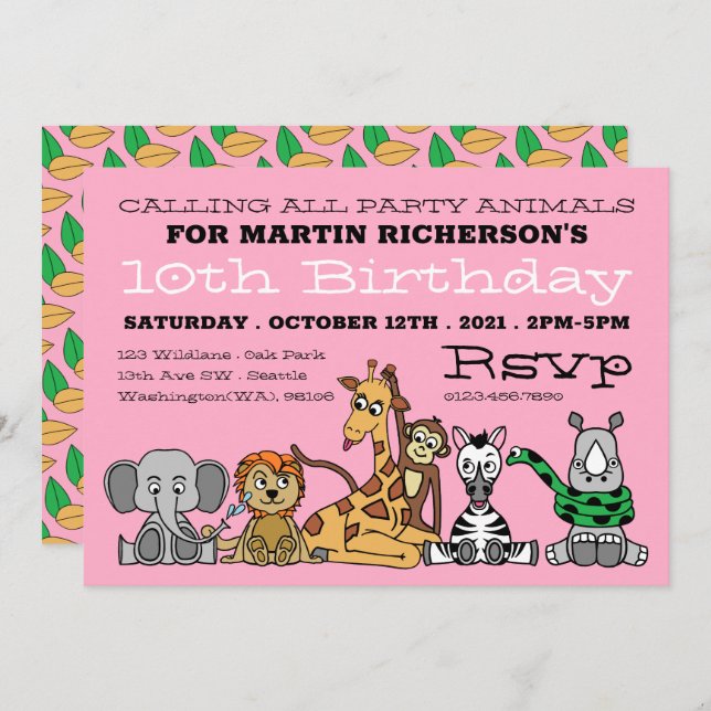 Invitation Animaux sauvages de safari, fête d'anniversaire po (Devant / Derrière)