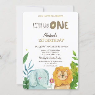 Invitation Animaux Sauvages Éléphant Lion Feuilles 1er Annive