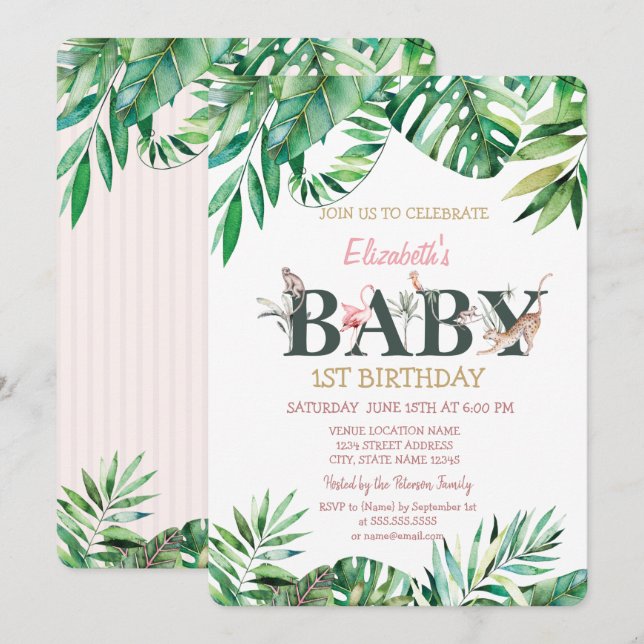 Invitation Animaux Sauvages Rayé de Verdure Anniversaire (Devant / Derrière)