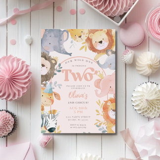 Invitation Animaux Sauvages Rose Deux Fille Photo Anniversair