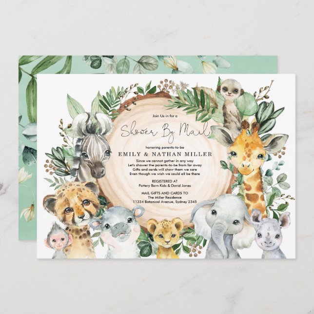Invitation Animaux Sauvages Safari Baby shower Verdure Par Ma (Devant / Derrière)