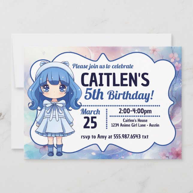 Invitation Anime Girl mignonne Japonaise Anniversaire Invitat (Devant)