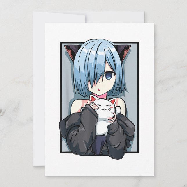 Invitation Anime Girl Neko Catgirl Pastel Kawaii Cat Manga Ja (Devant)