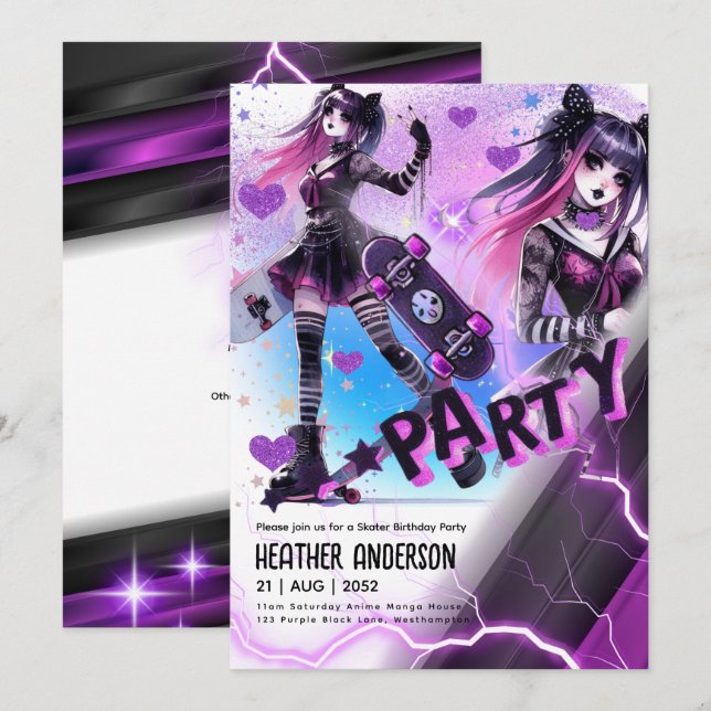 Invitation Anime Skater Girl Anniversaire Fête Skateboard (Devant / Derrière)