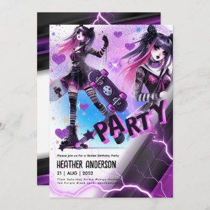 Invitation Anime Skater Girl Anniversaire Fête Skateboard