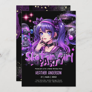 Invitation Anime Skater Girl Anniversaire Fête Skateboard