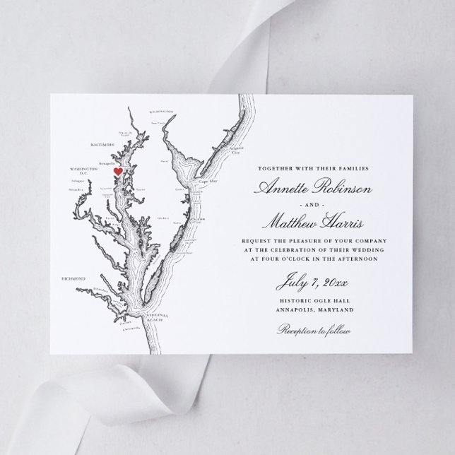 Invitation Annapolis Maryland Élégant Mariage noir et blanc (Annapolis Maryland Elegant black and white map wedding invitation with the Chesapeake Bay)