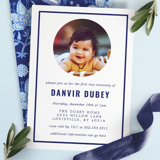 Invitation Annaprashan Blue Floral First Rice Cérémonie Photo (Créateur téléchargé)