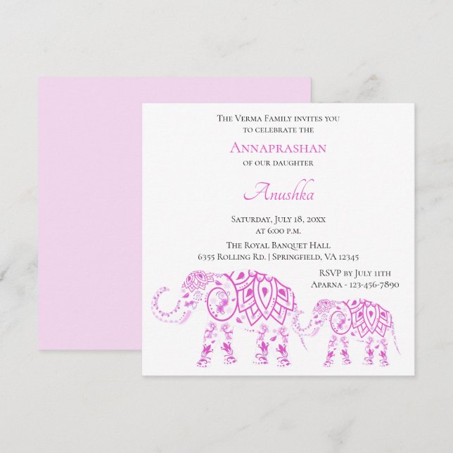 Invitation Annaprashan, les éléphants roses| Premier riz (Devant / Derrière)