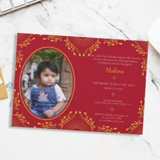 Invitation Annaprashan Première Cérémonie du Riz Rouge Gold P
