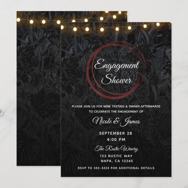 Invitation Anneaux de fiançailles de douche de vin rouge noir (Devant / Derrière)