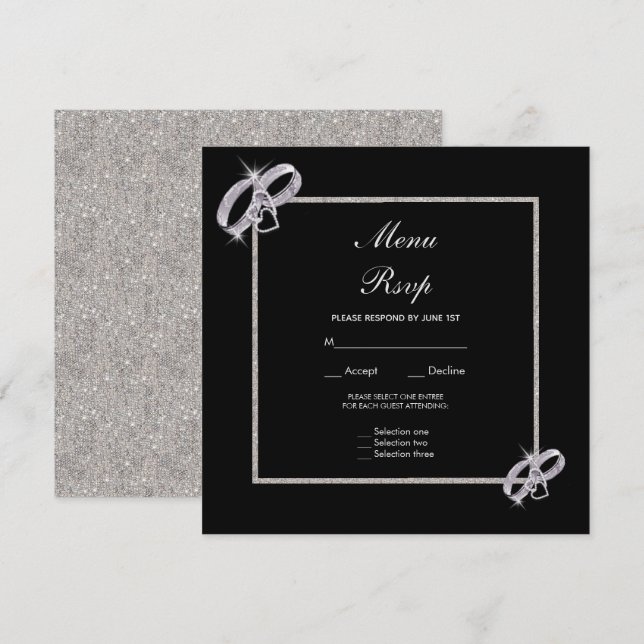 Invitation Anneaux de mariage argent élégants Menu de mariage (Devant / Derrière)