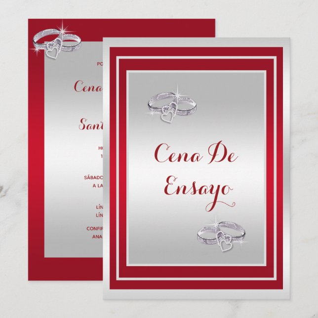 Invitation Anneaux De Mariage, D'Argent Et De Rouge Dîner De  (Devant / Derrière)