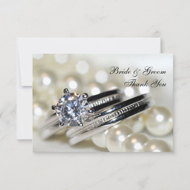 Invitation Anneaux et perles blanches Mariage plat Merci note (Devant)