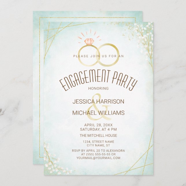 Invitation Anneaux Fiançailles aquarelle Turquoise géométriqu (Devant / Derrière)