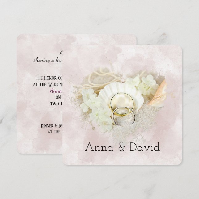 Invitation Anneaux mariages à Seashell plage Coeur (Devant / Derrière)