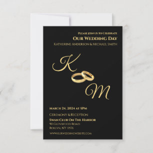 Invitation Anneaux Mariages Noirs et Or-Monogrammes -
