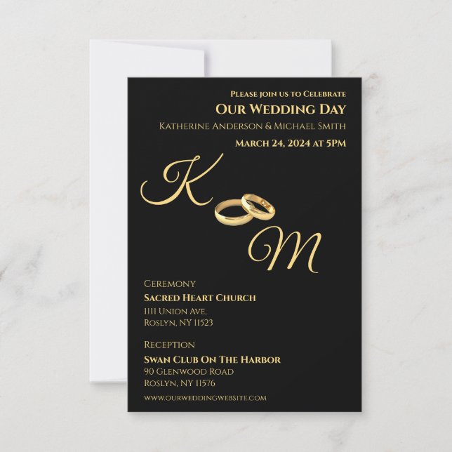 Invitation Anneaux Mariages Noirs et Or-Monogrammes - (Devant)