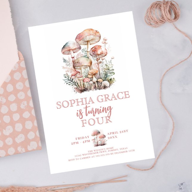 Invitation Année Anniversaire du champignon boisé rose (Créateur téléchargé)