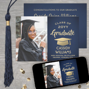 Invitation Année de classe Marine Bleu et Gold Graduation Pho