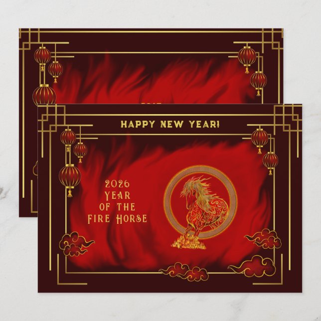 Invitation Année du Cheval de Feu , Bonne Année Lunaire (Devant / Derrière)