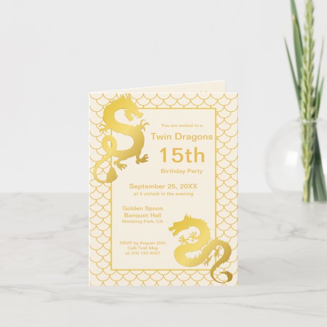 Invitation Année du Dragon Gold Twin 15e anniversaire fête (Devant)