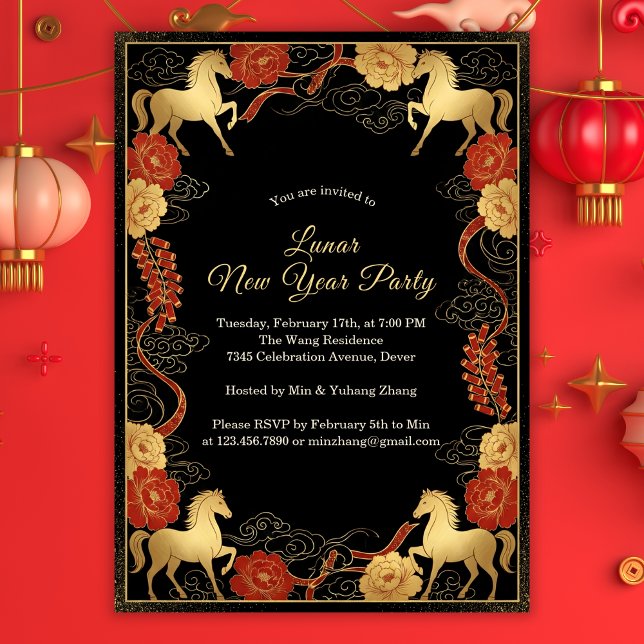 Invitation Année luxueuse du Cheval 2026 Nouvel An lunaire (Black and Gold Chinoiserie Lunar New Year 2026 Party Invitation)