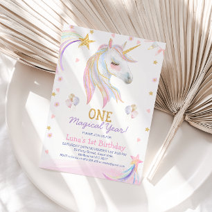 Invitation Année magique rose or Unicorn 1er anniversaire