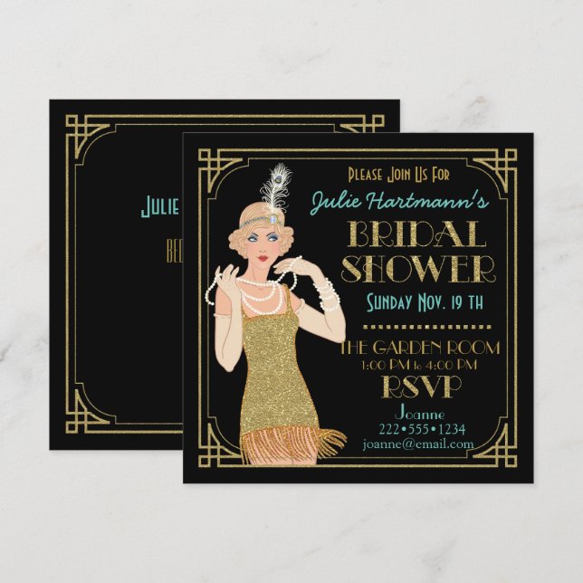 Invitation Années 20 Flapper Or Pailleté Noir Rétro (Devant / Derrière)