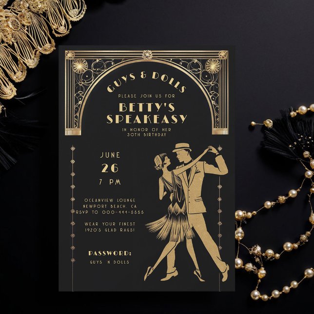 Invitation Années 20 Gatsby Flapper Speakeasy Chic Birthday (roaring 20s speakeasy gatsby flapper dance dancing couple gold black deco adult birthday party)