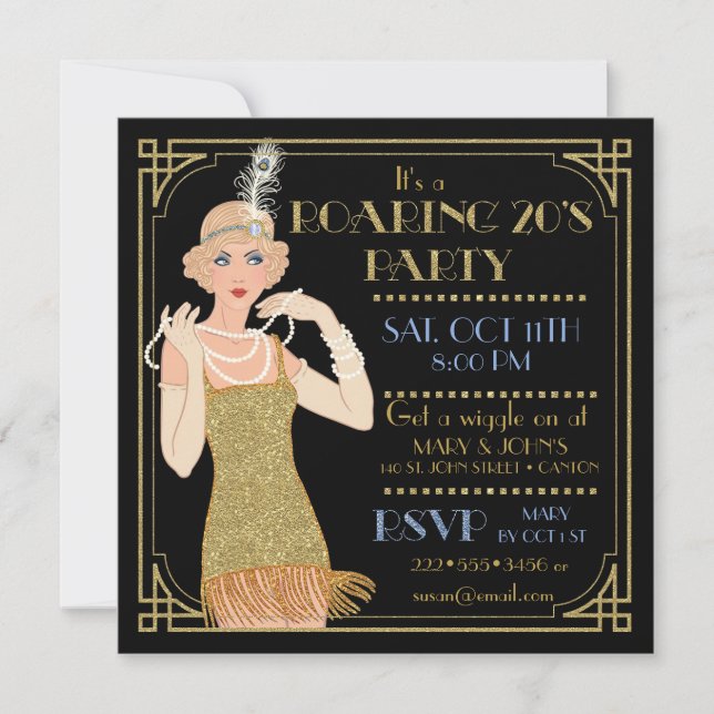 Invitation Années 20 scintillantes or Flapper Noir Rétro (Devant)