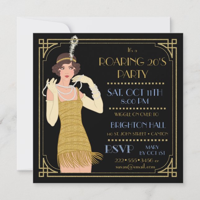 Invitation Années 20 scintillantes or Flapper Noir Rétro (Devant)
