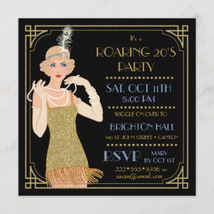 Invitation Années 20 scintillantes or Flapper Noir Rétro
